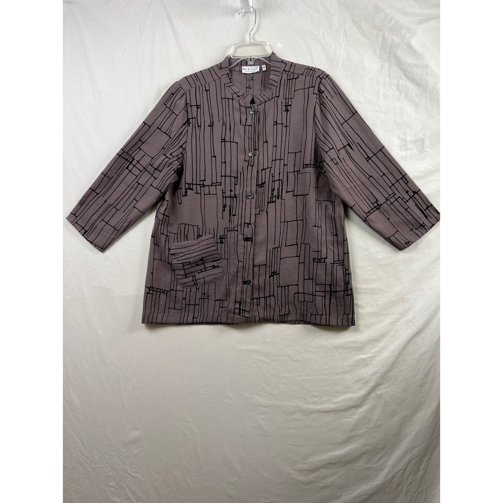 Habitat Button Front Jacket Womens Large Taupe Geometric Art to Wear Mock Neck